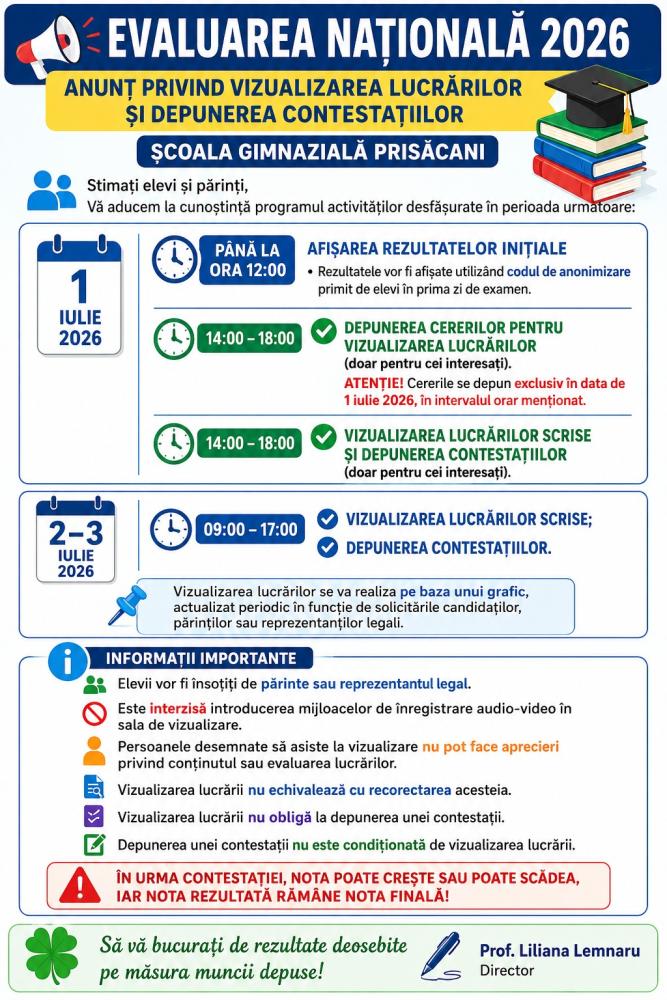 Evaluare Națională 2026 - Anunț vizualizare lucrări și depunere contestații
