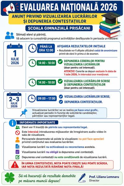 Evaluare Națională 2026 - Anunț vizualizare lucrări și depunere contestații